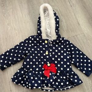 Little Me Navy Polka Dot Puffer Jacket with Red Bow